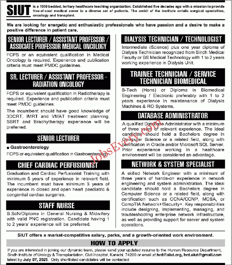 SIUT Hospital Karachi Jobs 2025