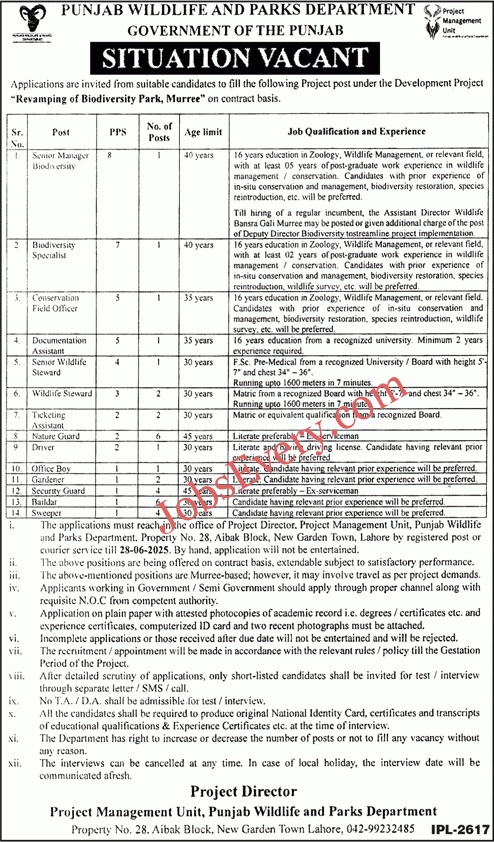 Punjab Wildlife and Parks Department Jobs 2025 