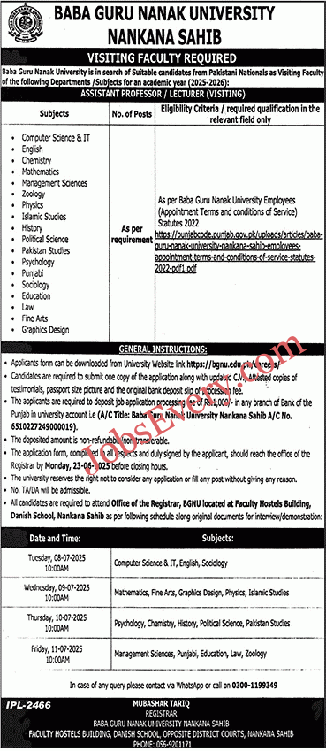 Baba Guru Nanak University Nankana Sahib Jobs 2025